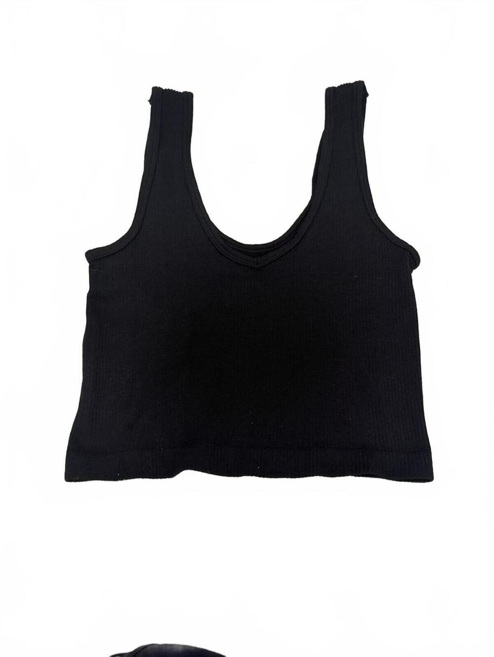 Suzette Collection Ribbed Mini V-Neck Tank Top Black Seamless Cropped Brami OS‎